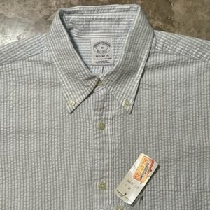 Brooks Brothers Shirt Mens Medium Blue Seersucker Short Sleeve Original Polo NEW